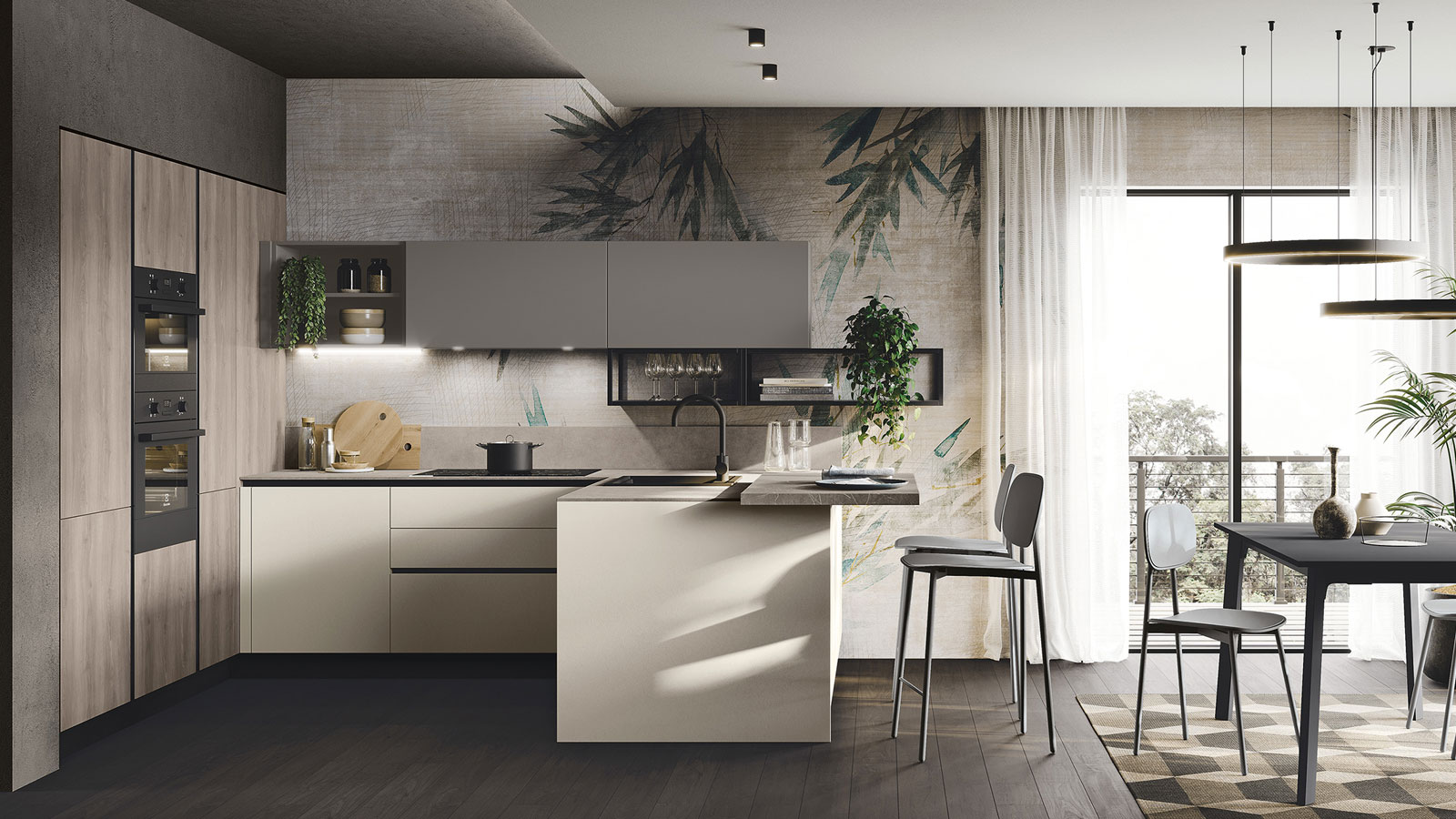 Cucina Stosa Moderna Kaya penisola cordoba materico conchiglia smoke grey
